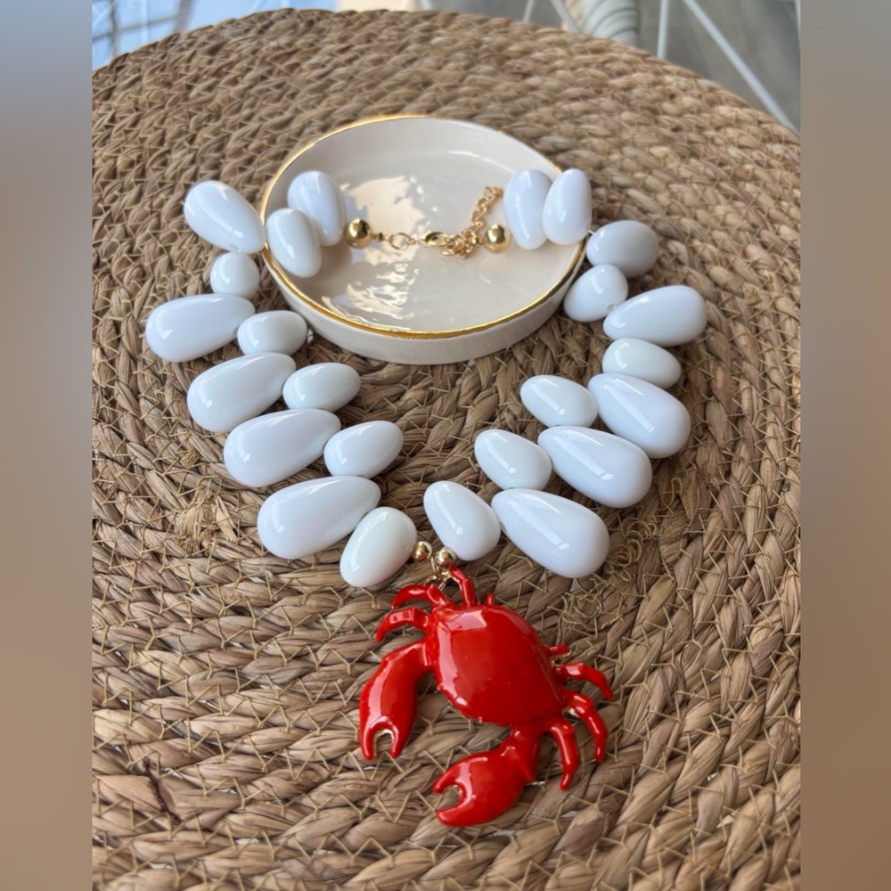 White Beaded Necklace with Red Crab Pendant - Women Jewelry